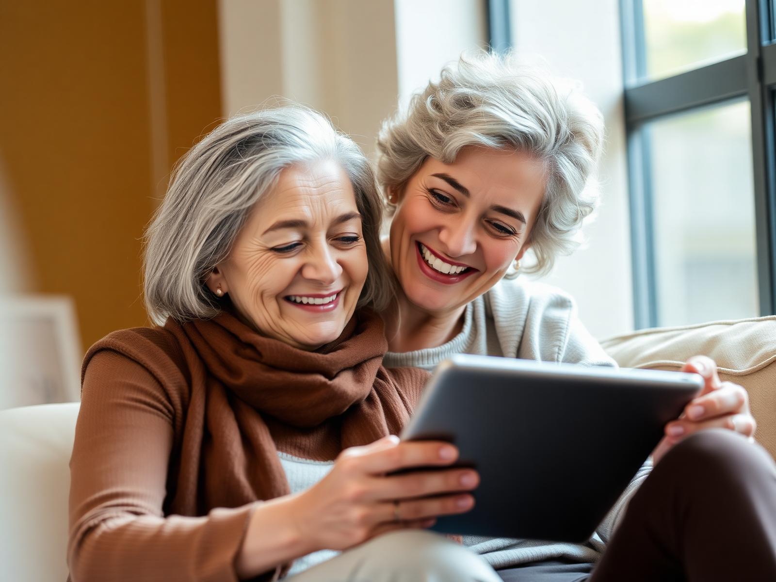 An older woman and a younger woman smiling at a tablet together